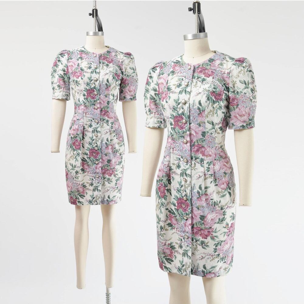 Vintage 80s Floral Sheath Pearl Buttons Lace Cottagecore Romantic Party Dress S